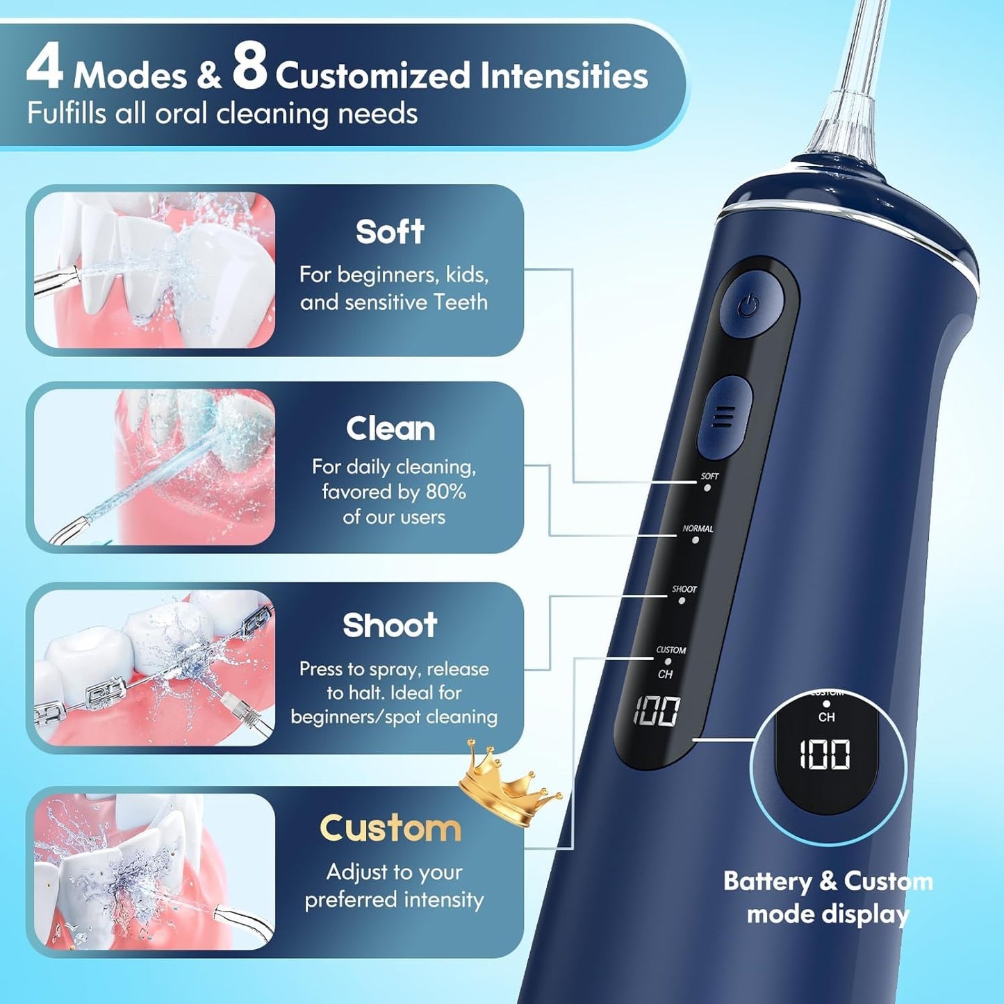 Water Flosser for Teeth, Cordless Oral Irrigator Portable Dental Cleaner Picks with 8 DIY Modes 7 Jets 300ml Tank Braces Flossers Rechargeable (Blue)