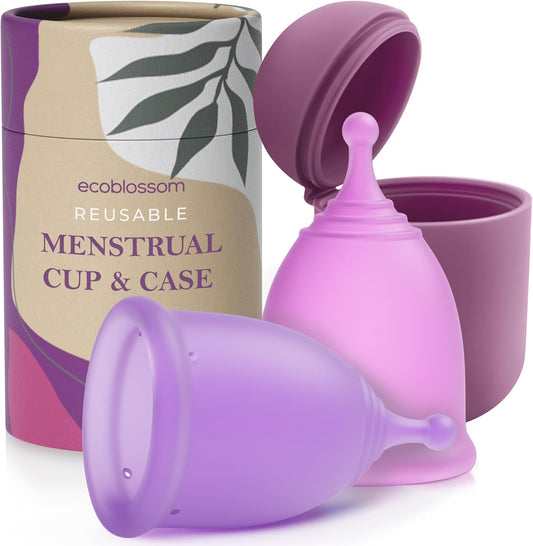 EcoBlossom Reusable Menstrual Cup and Case - The Most Reliable Medical Grade Silicone Period Cups - Comfortably use for 12 Hours (Small (Pack of 2), Round Stem & Case)