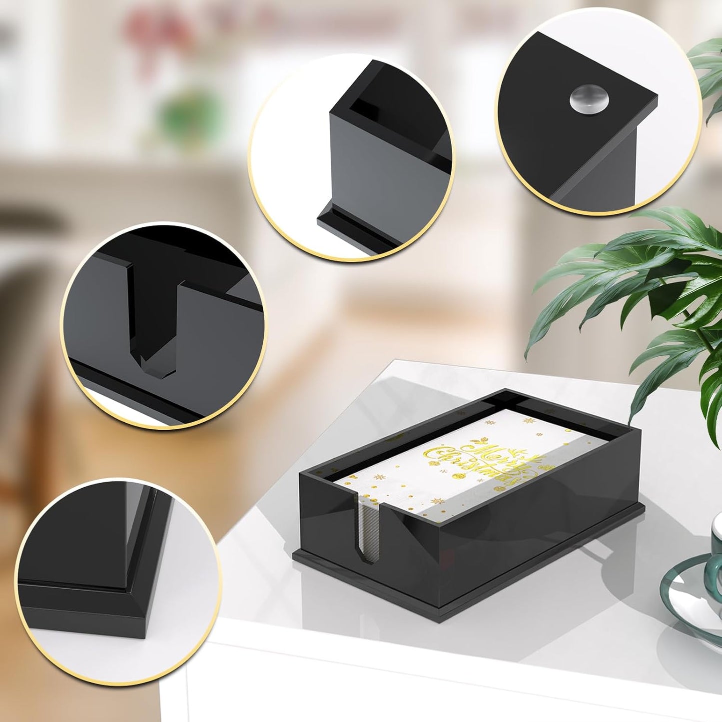 Napkin Holder for Table, Acrylic Napkin Paper Towel Holder for Kitchen, Clear Acrylic Guest Towel Holder Tray for Bathroom, Cocktail Napkin Holder for Dinner (Rectangle Black 0.16+0.31in Thickness)