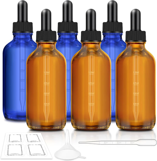 6 Pack, 4 oz Dark Amber & Blue Dropper Bottles with Measured Dropper, Glass Eye Dropper Bottle for Essential Oils with Funnel, Labels & Pipette, Droppers for Oils (Unbreakable Plastic Eye Dropper)