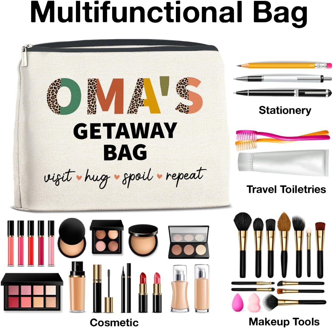 Oma's Getaway Cosmetic Bag Grandma Gifts From Grandkids, Gift for Grandma Grandmother Grammy Mimi Oma Makeup Bag Zipper Makeup Pouch