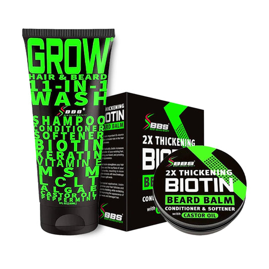 Biotin Beard Balm + 11-in-1 Beard & Hair Growth Shampoo – Kit with Castor Oil, Peppermint & Keratin – 2X Thickening Balm, Mustache Wax & Conditioner – Hydrates, Thickens & Softens