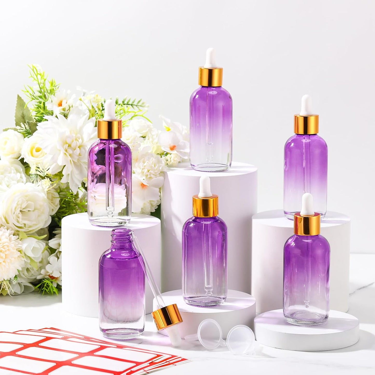 Dandat 50 Pack 4 oz Glass Dropper Bottles Leakproof 120 ml Glass Tincture Bottles with Eye Droppers, 4 Funnels, 54 Labels for Essential Oil Perfumes Hair Oil(Purple Gradient)