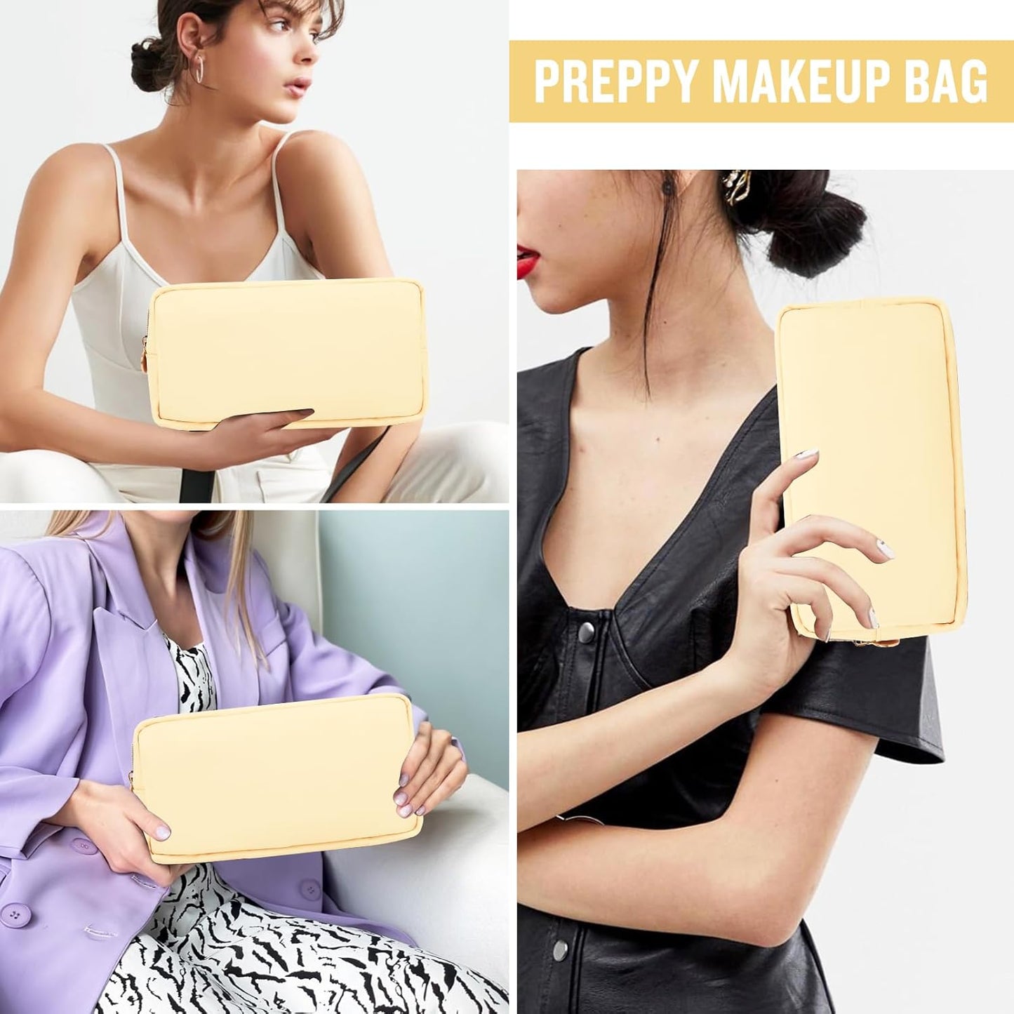 Nylon Small Makeup Bag for Purse, Cute Preppy Makeup Bag Cosmetic Zipper Pouch Purse, Waterproof Portable Travel Toiletry Bag Coin Pouch Clutch Makeup Brush Bag Organizer Storage for Women Men(Beige)