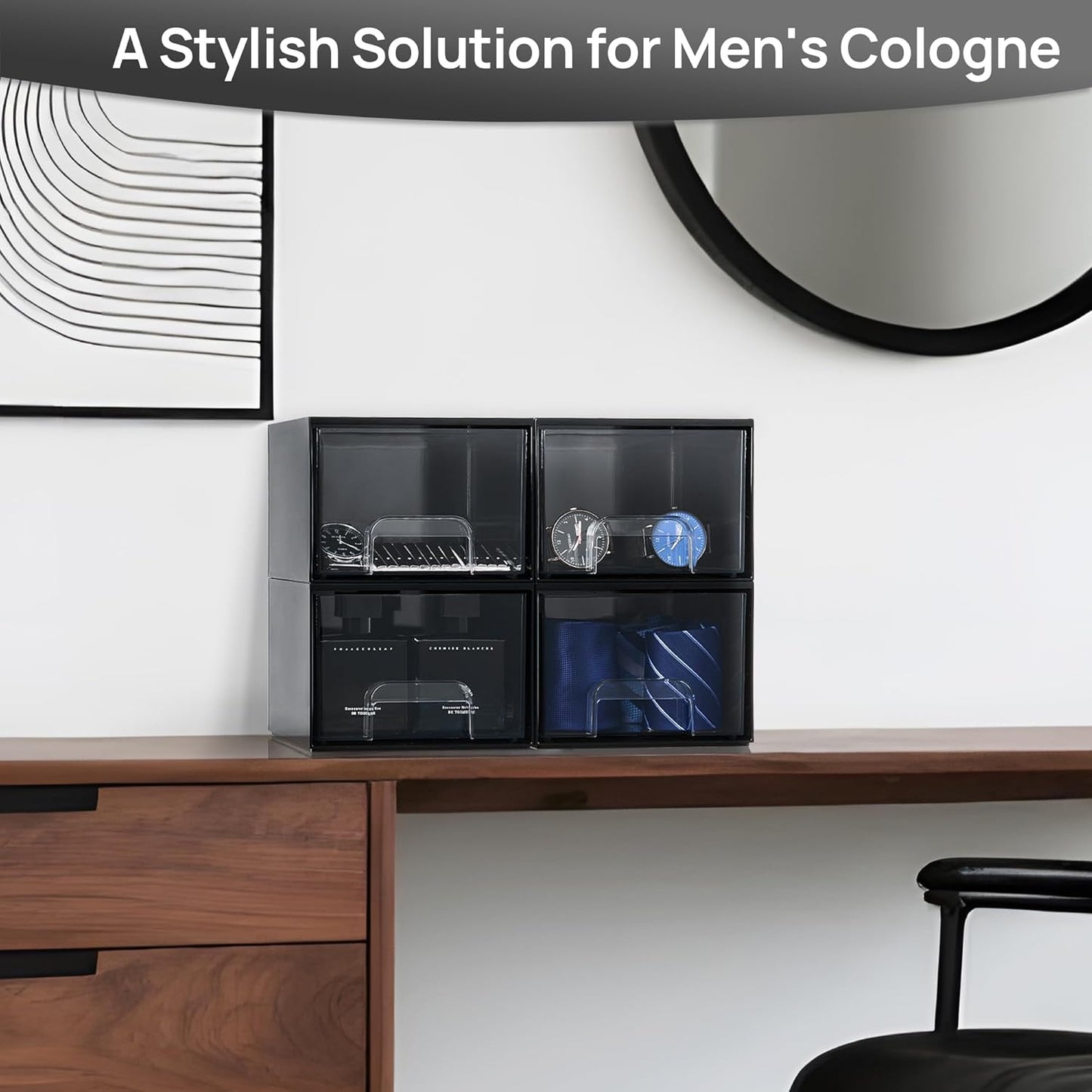 Vtopmart Black Small Stackable Storage Drawers, Cologne Organizer for Men,Plastic Containers for Vanity, Dresser,Office Desk,Bathroom Countertop Organization,Ideal for Room Decor,Gifts for Men