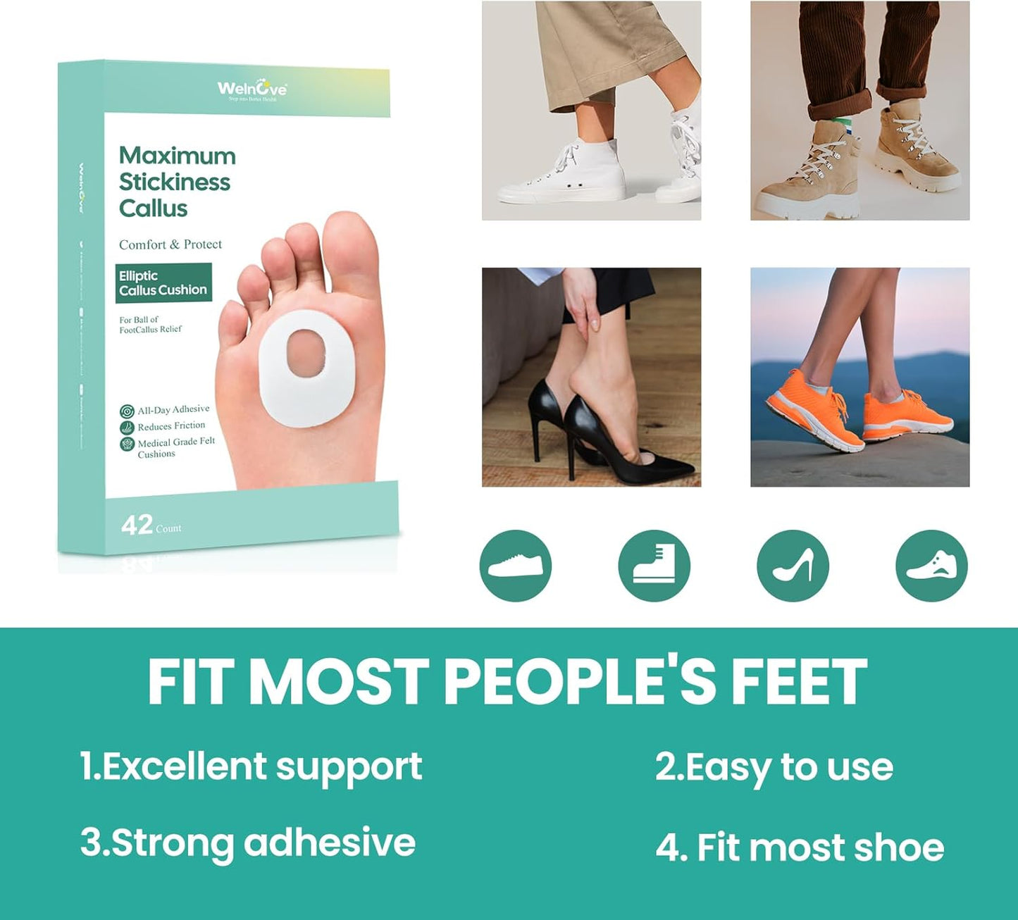 Welnove 42pcs Callus Pad with Water-Resistant Self-Stick Adhesive, Protects Foot, Heel and Toes from Rubbing and Friction,Oval Shape Design,Reduce Pressure and Friction from Shoes Rubbing-White