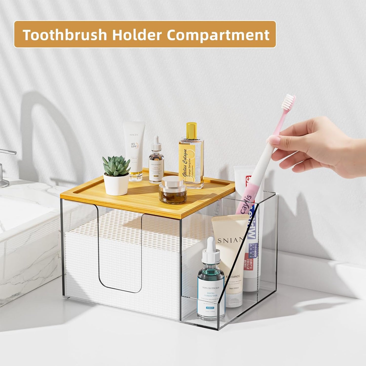 VITVITI Disposable Face Towel Holder Box, Acrylic Clean Skin Club Facial Towel Container with Toothbrush Holders, Large Disposable Face Towels Storage for Bathroom Vanity Makeup, Clear