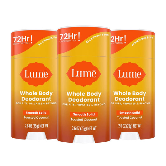 Lume Whole Body Deodorant - Smooth Solid Stick - 72 Hour Odor Control - Aluminum Free, Baking Soda Free and Skin Loving - 2.6 Ounce (Pack of 3) (Toasted Coconut)