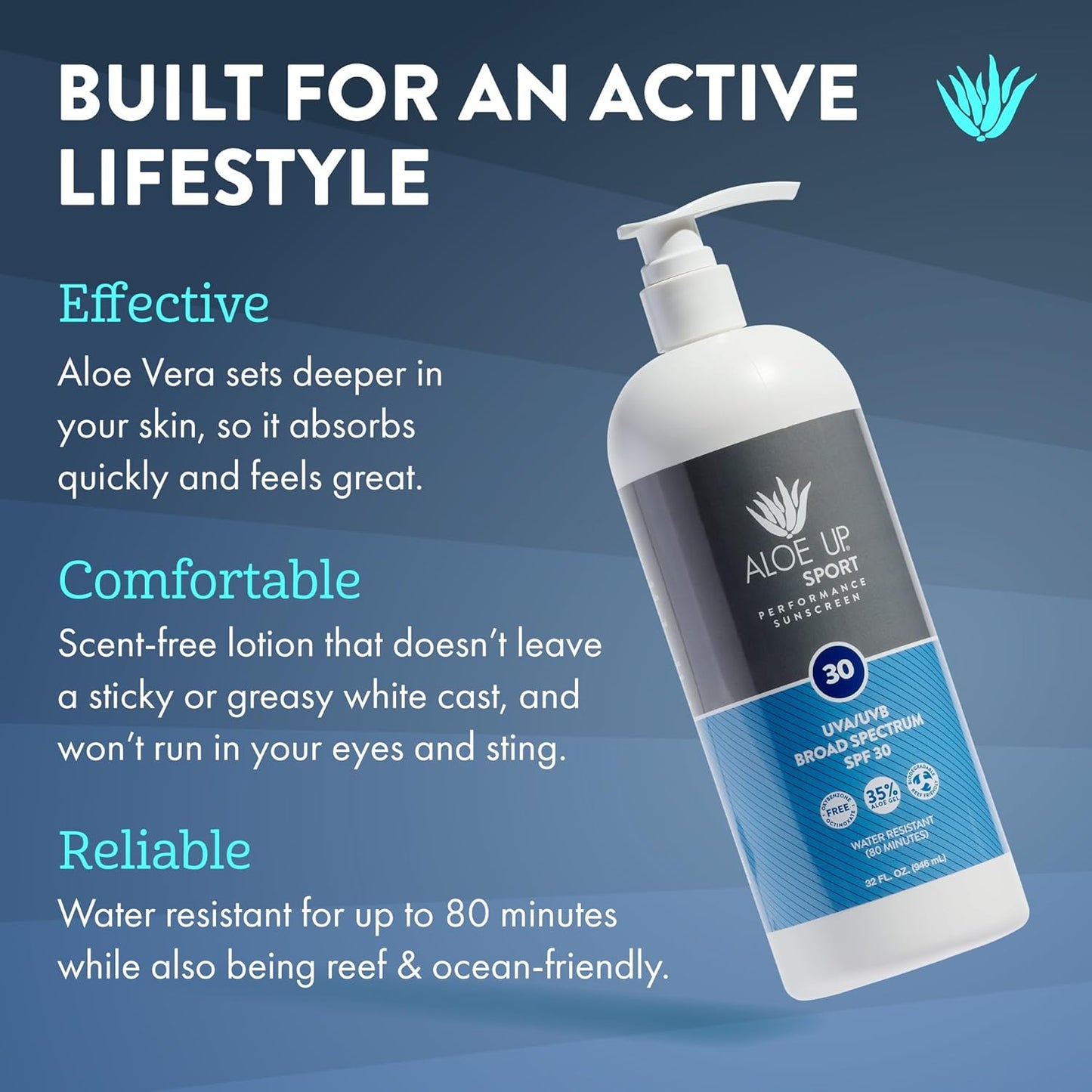 Aloe Up Sport Sunscreen Lotion SPF 30 - Broad Spectrum UVA/UVB Sunscreen Protector for Face and Body With Hydrating Aloe Vera Gel Non-Greasy No White Cast Reef Safe Fragrance-Free - 32 Oz.