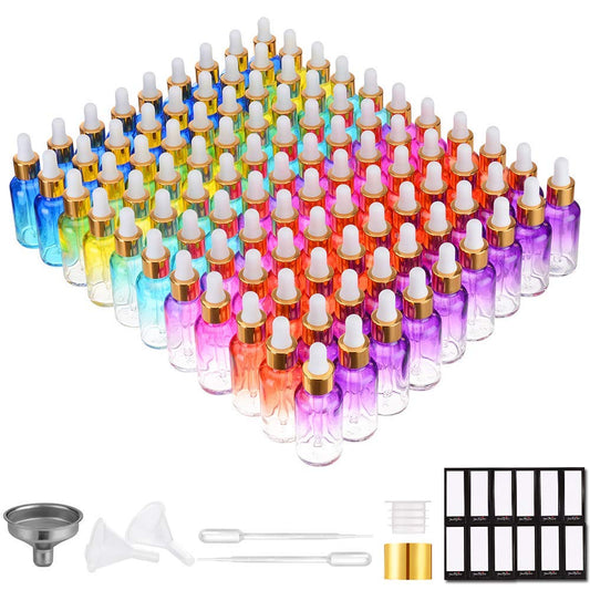 PrettyCare Glass Eye Dropper Bottles 99 Pack, 1oz (30ml) Rainbow Empty Thick Bottles Bulk with Leakproof Golden Caps - With Labels & Funnels for Storage, Travel, Essential Oils, Cuticle, Tinctures