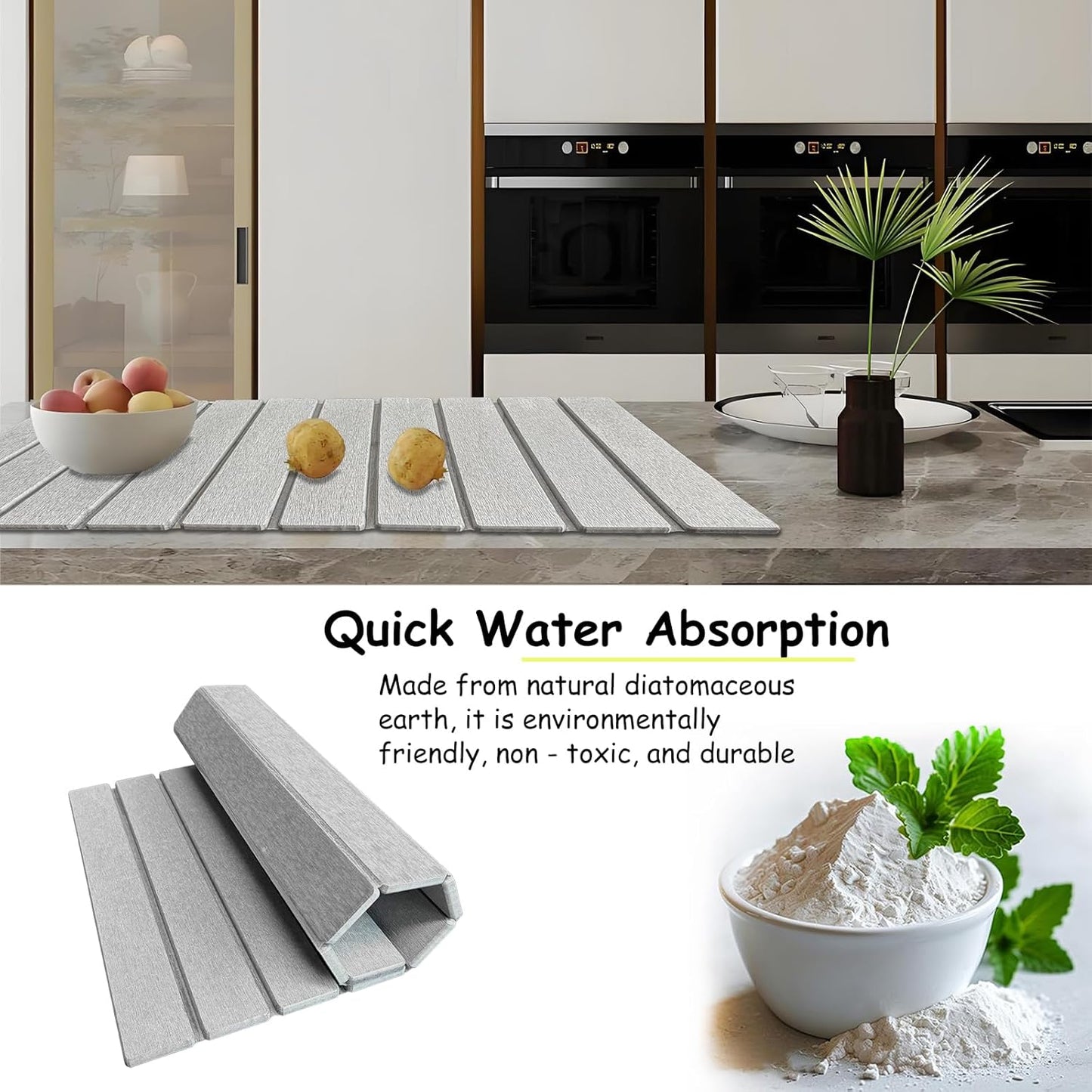 Stone Dish Drying Mat For Kitchen & Bathroom - Diatomaceous Earth, Quick Dry, Collapsible, Non - Slip Pvc, Rounded Corners, 15.7 X 11.8 IN, Absorbent, Natural Material For Dishes, Cups & More