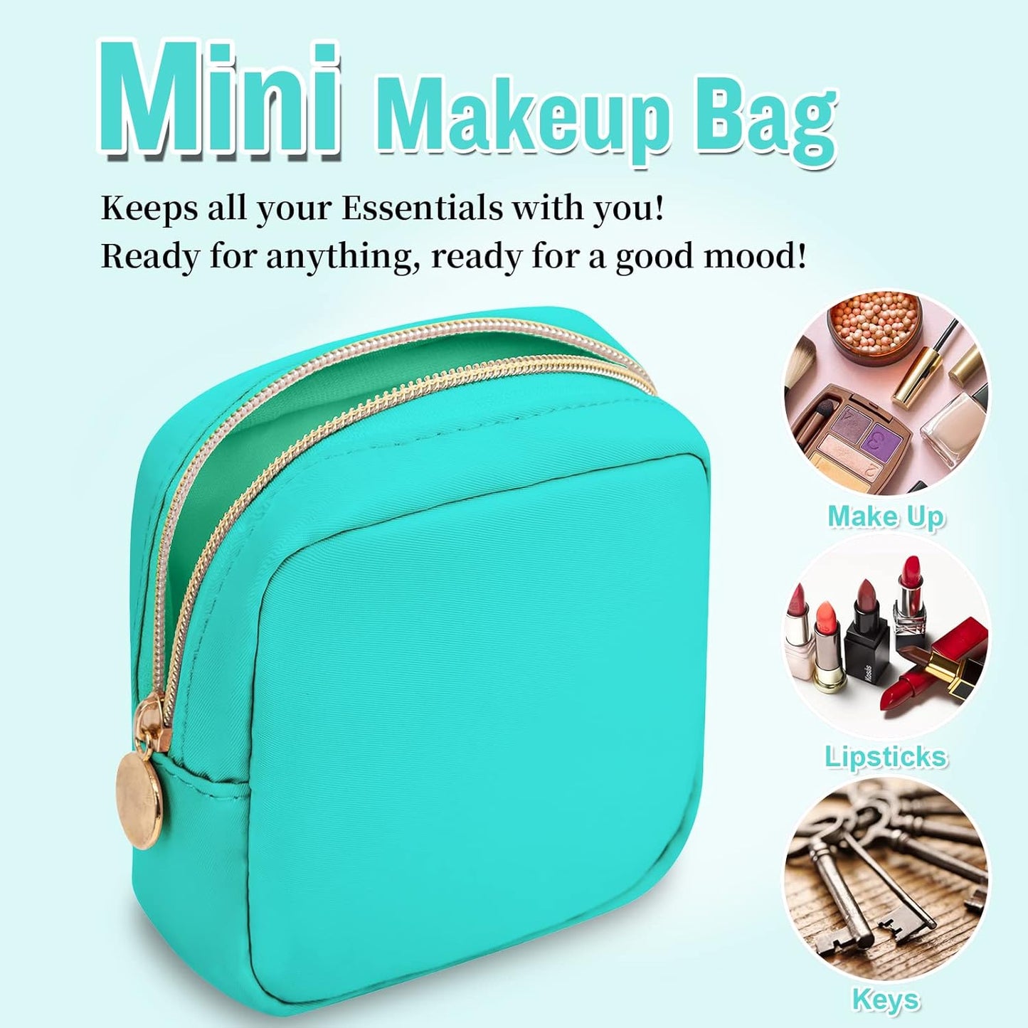 Nylon Mini Makeup Bag for Purse, Preppy Small Cute Makeup Bag Cosmetic Zipper Pouch Purse, Waterproof Travel Coin Pouch Sanitary Napkin Storage Bag Clutch Make Up Organizer for Women Men Girls(Mint)
