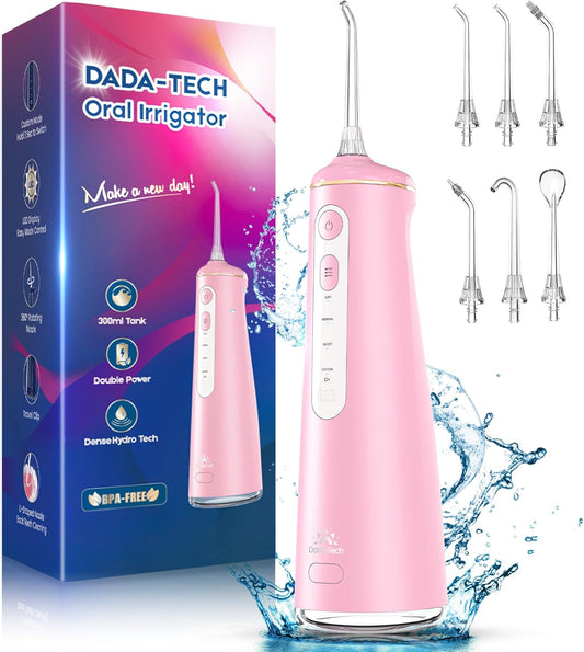 Water Flosser for Teeth, Cordless Oral Irrigator Portable Dental Cleaner Picks with 8 DIY Modes 7 Jets 300ml Tank Braces Flossers Rechargeable (Pink)
