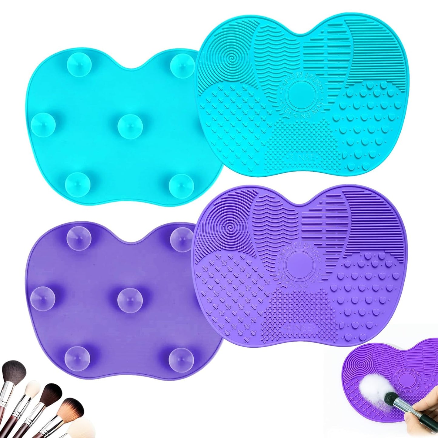 4 PCS Silicone Makeup Brush Cleaner Mat, 7 Textures Make Up Brush Cleaning Mat, Cosmetic Cleaning Pads, Portable Washing Tool with Suction Cup, Easy to Clean, Ideal for Travel and Home Use
