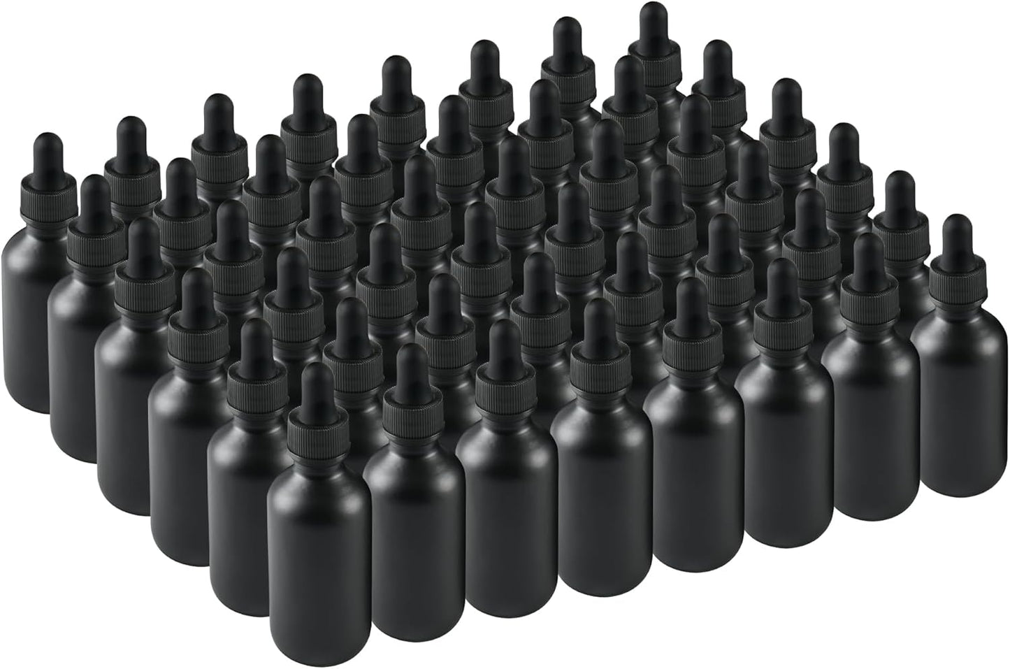 BILLIONSTARS 48 Pack 2oz Glass Boston Round Bottle with Graduated Calibrated Glass Pipettes - Black Frosted - Tincture Bottles for Essential Oils, Liquids - Leakproof Travel Bottles