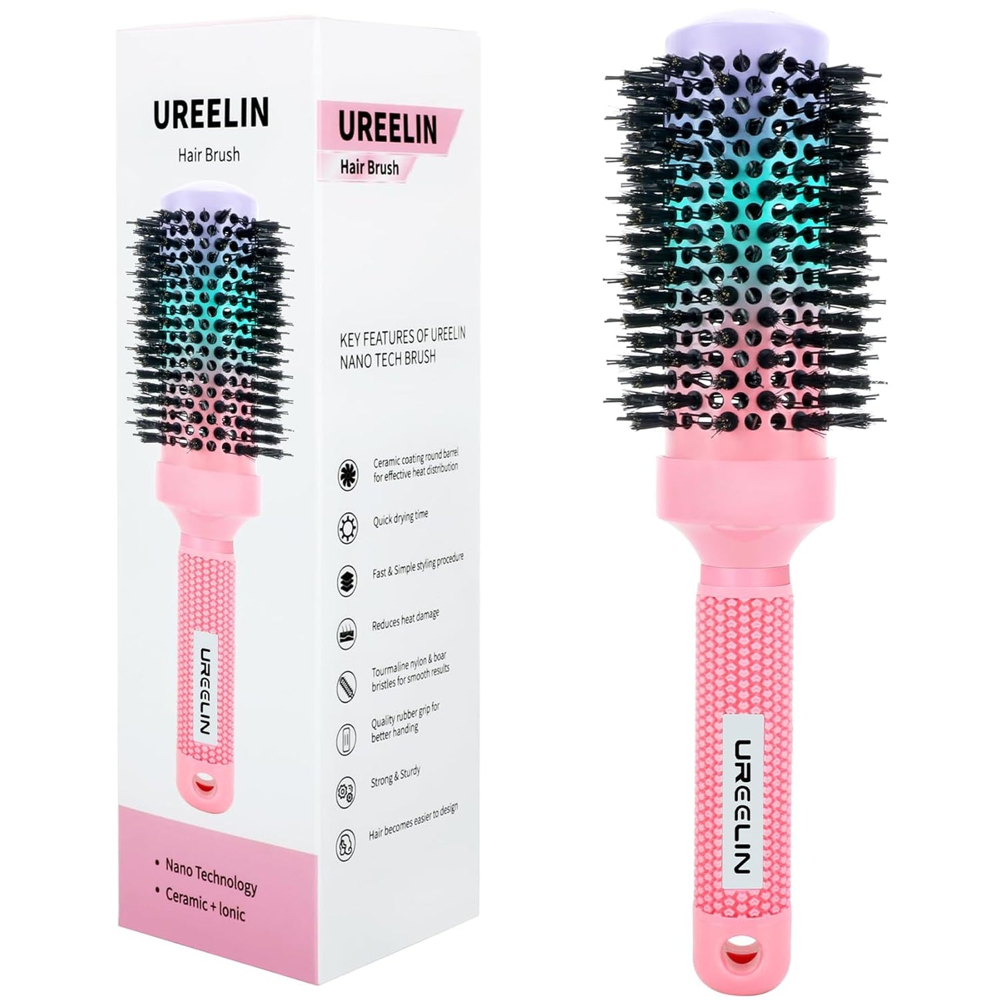 Round Brush for Blow Out - 1.7 Inch Nano Thermal Ceramic & Ionic with Boar Bristles - Salon Blow Drying Hair Brush for Drying,Volumizing, Curling, Shine & Smooth Styling