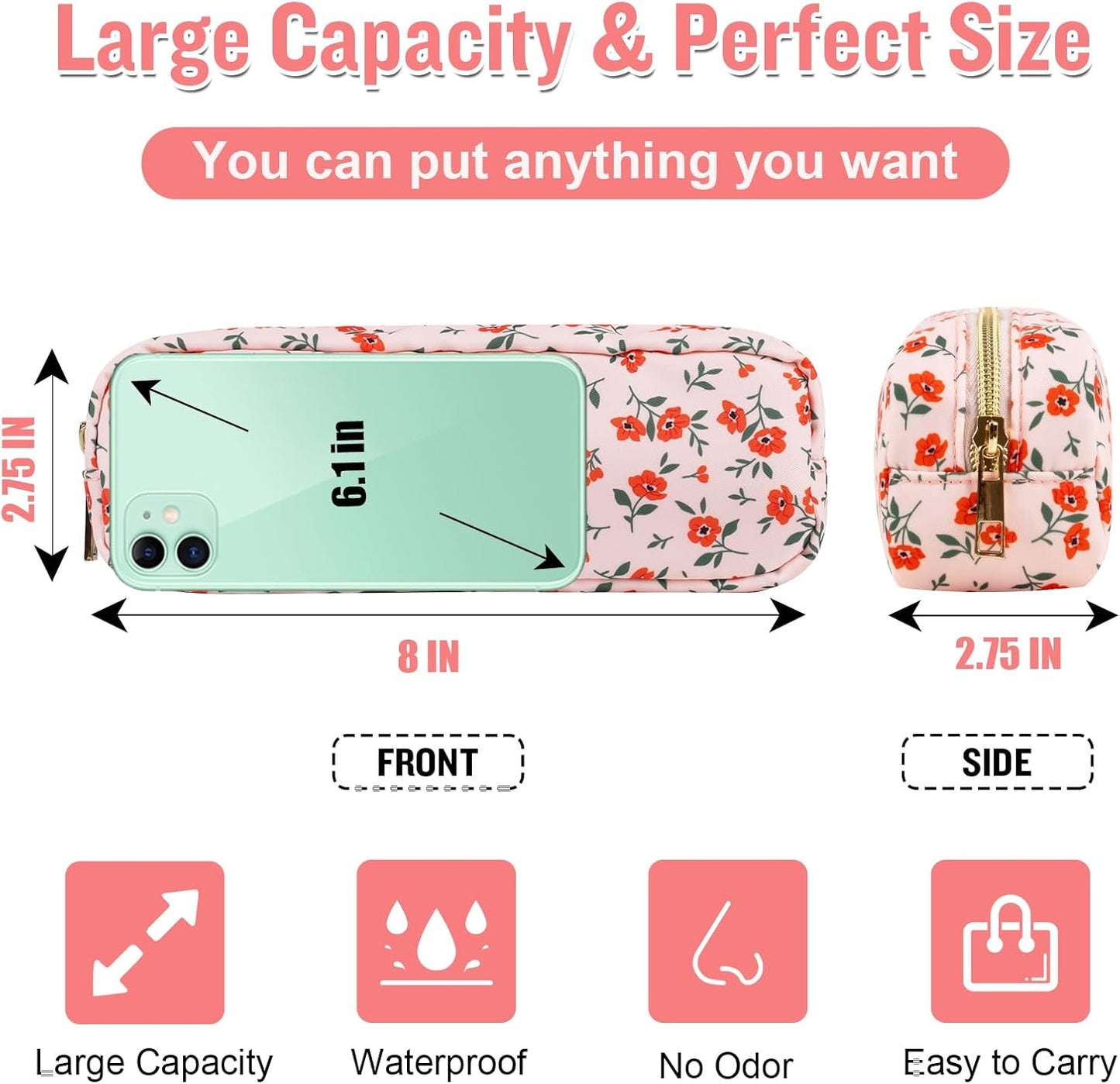 Nylon Small Floral Makeup Bag Slim Pouch, Preppy Cute Makeup Brush Bag Pink Makeup Bag Flower Cosmetic Zipper Pouch for Purse, Waterproof Travel Toiletry Bag Make Up Organizer for Women(Pink-Floral)
