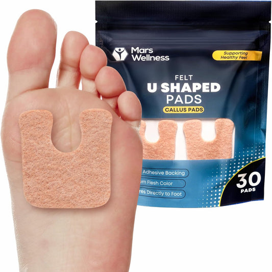 Mars Wellness U-Shaped Callus Pads, 1/4" Thick, Flesh Colored, Pack of 60 with Adhesive Backing - Callus Remover for Feet, Callus Protection