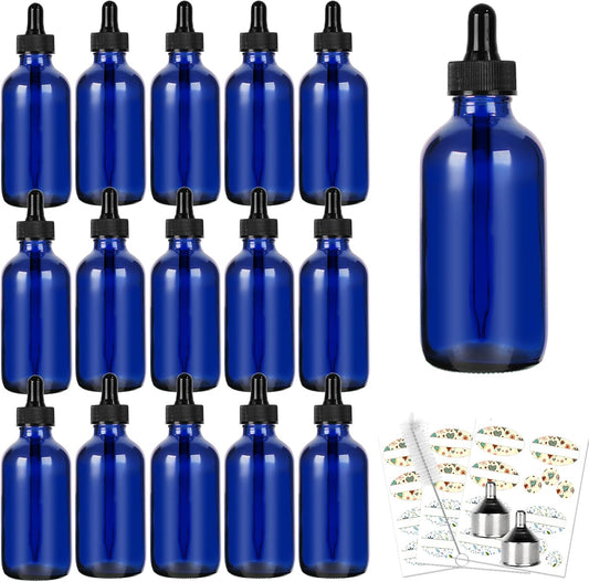 CycleMore 16 Pack (120 ml) 4 oz Blue Boston Bottles with Glass Eye Droppers, Glass Dropper Bottles for Essential Oils & Lab Chemicals & More Liquids Ideal for Mom & Friends