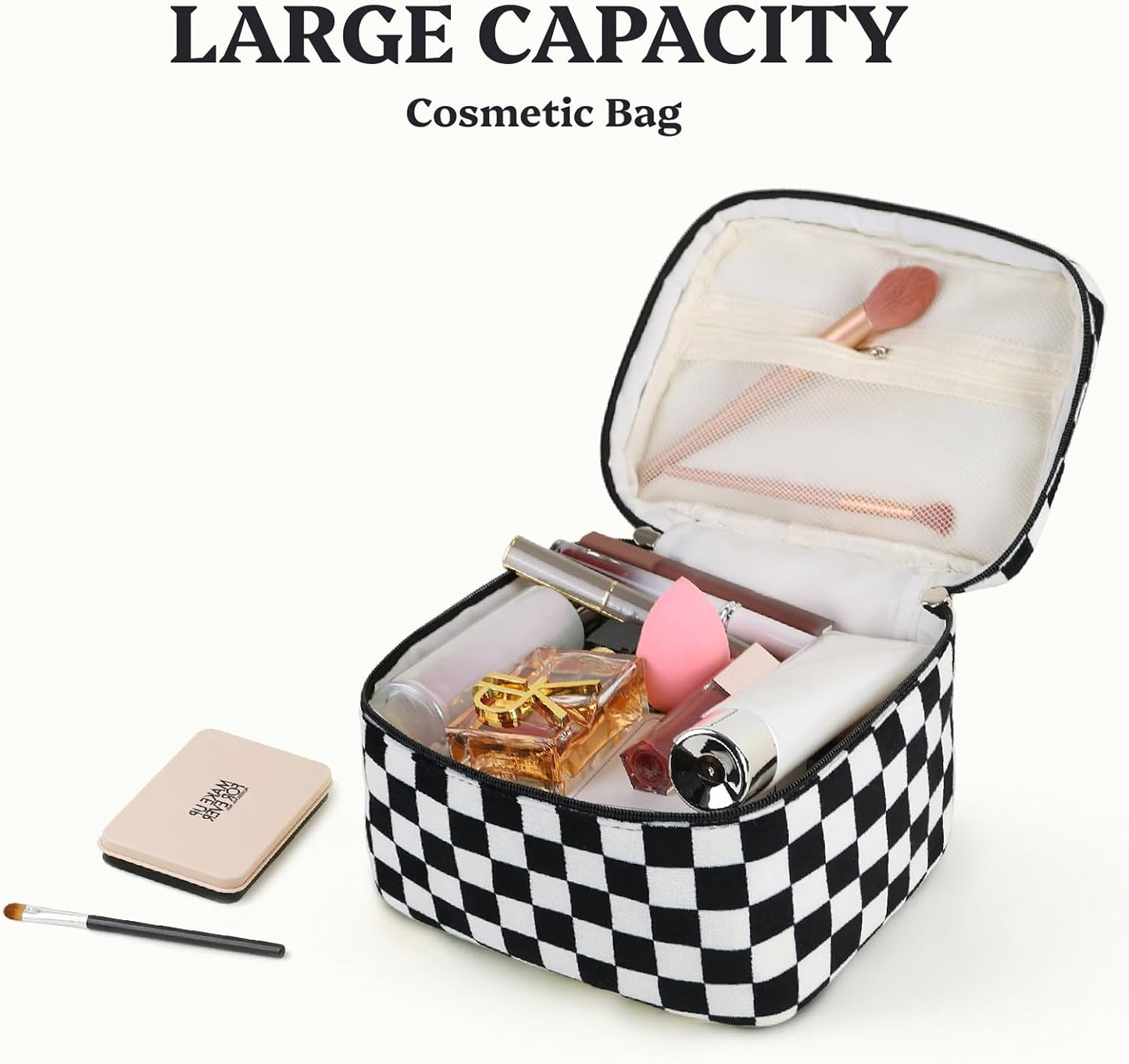 Prite Corduroy Large Travel Quilted Makeup Bag for Women Floral Cotton Cosmetic Bag Coquette Aesthetic Floral Toiletry Organizer Bag(Dark Checkerboard)