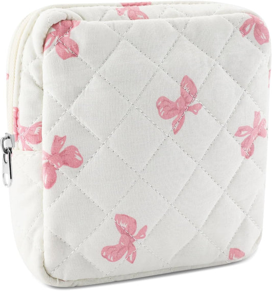 Small Quilted Cotton Makeup Bag for Purse Mini Cosmetic Period Bag for Women Cute Pink Bow Makeup Sanitary Pouch Portable Travel Toiletry Bags with Zipper Slip in Pockets Birthday Gifts