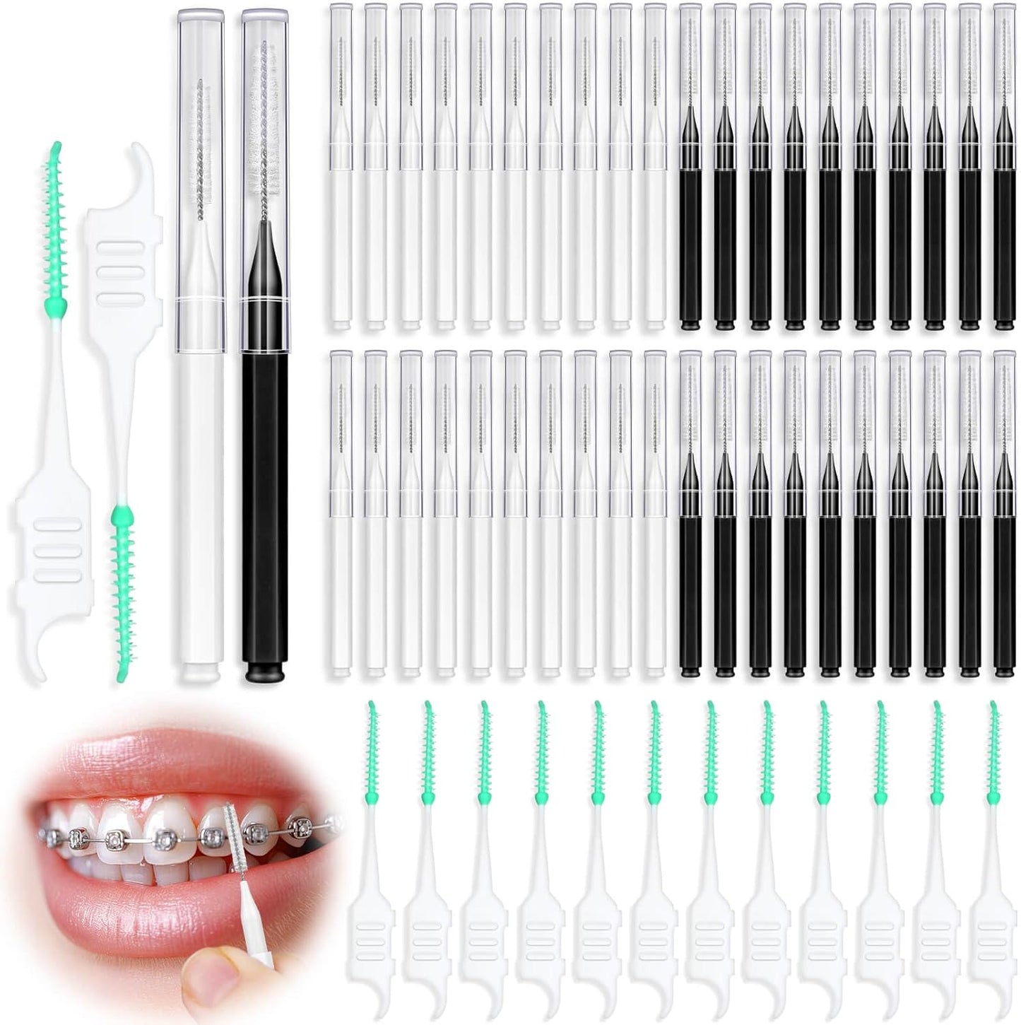 270Pcs Interdental Brush, 220Pcs Soft Dental Picks & 50Pcs Braces Brush for Teeth, Bendable Braces Flossers Heads Interdental Brushes Between Teeth Oral Tooth Braces Cleaner (Black & White)
