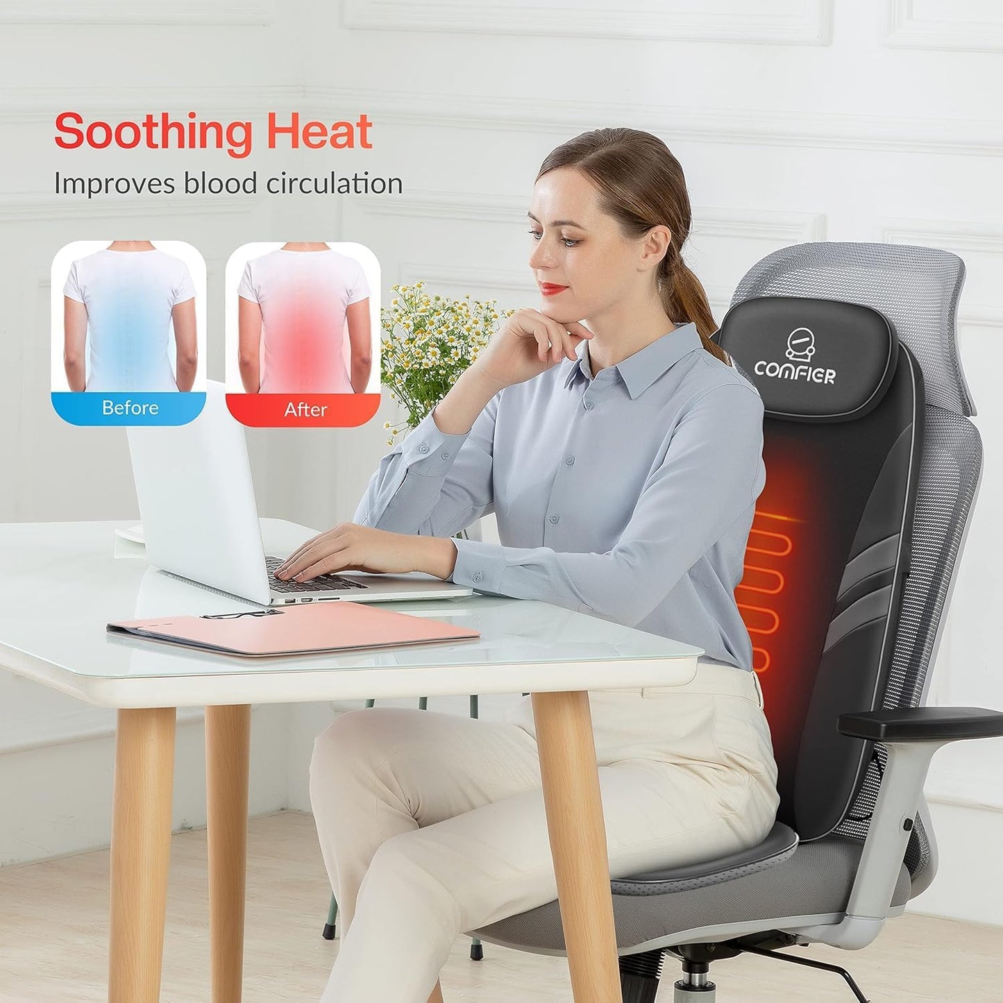 COMFIER Back Massager for Back Pain,APP Control, Shiatsu Massage Chair Pad,Electric Chair Massagers with Heat,Seat Cushion for Office,Home,Ideal Gifts for Mom,Dad,Him,Her