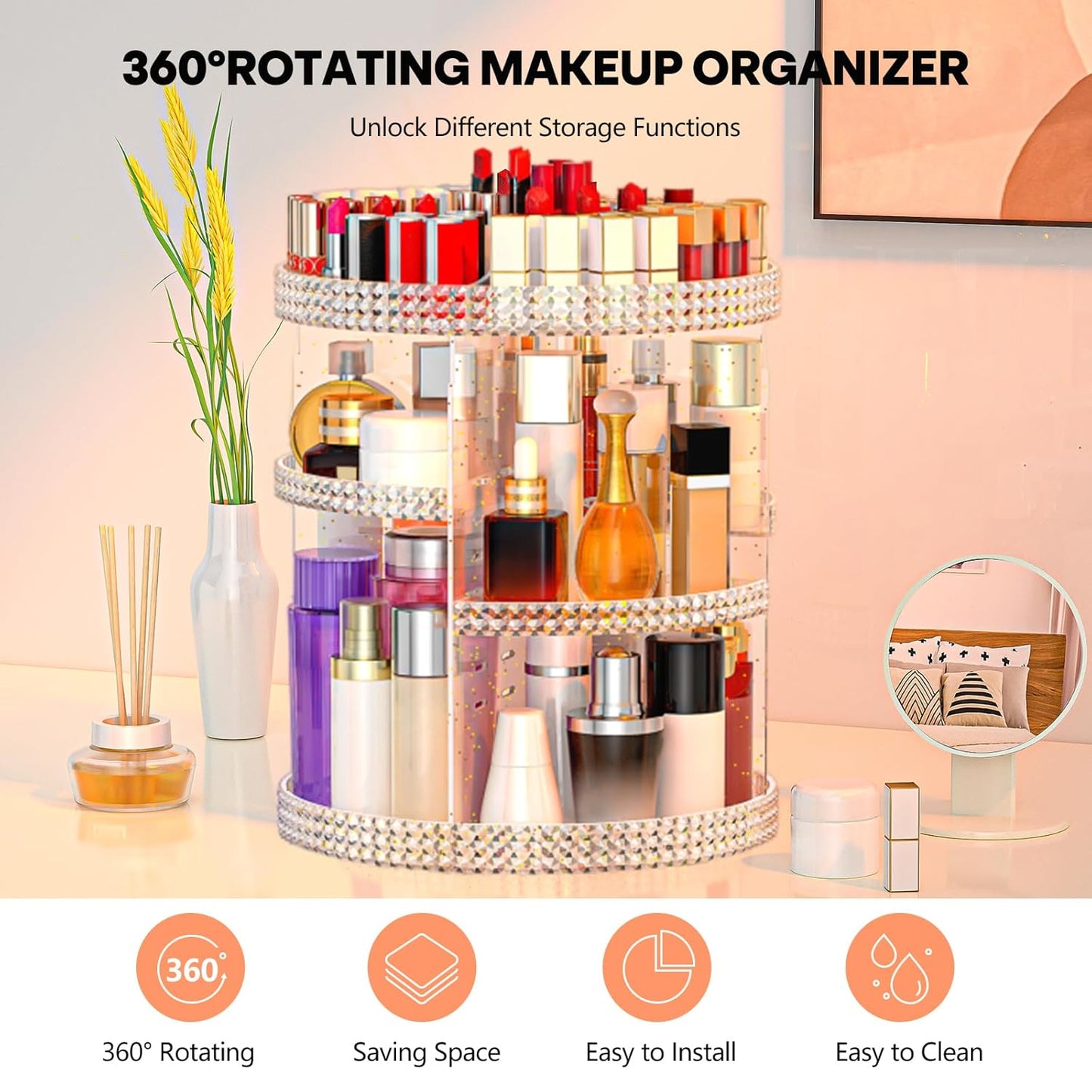 360 Degree Rotating Makeup Organizer, Extra Large Capacity Organizador De Maquillaje, Removable 7 Layers Lipstick Organizer Cosmetic Storage Cases Perfume Organizer for Vanity (Glitter)