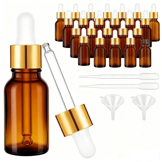 PrettyCare Glass Eye Dropper Bottles 24 Pack, 0.5oz (15ml) Small Amber Empty Thick Bottles with Leakproof Golden Caps - With Labels & Funnels for Storage, Travel, Essential Oils, Tinctures