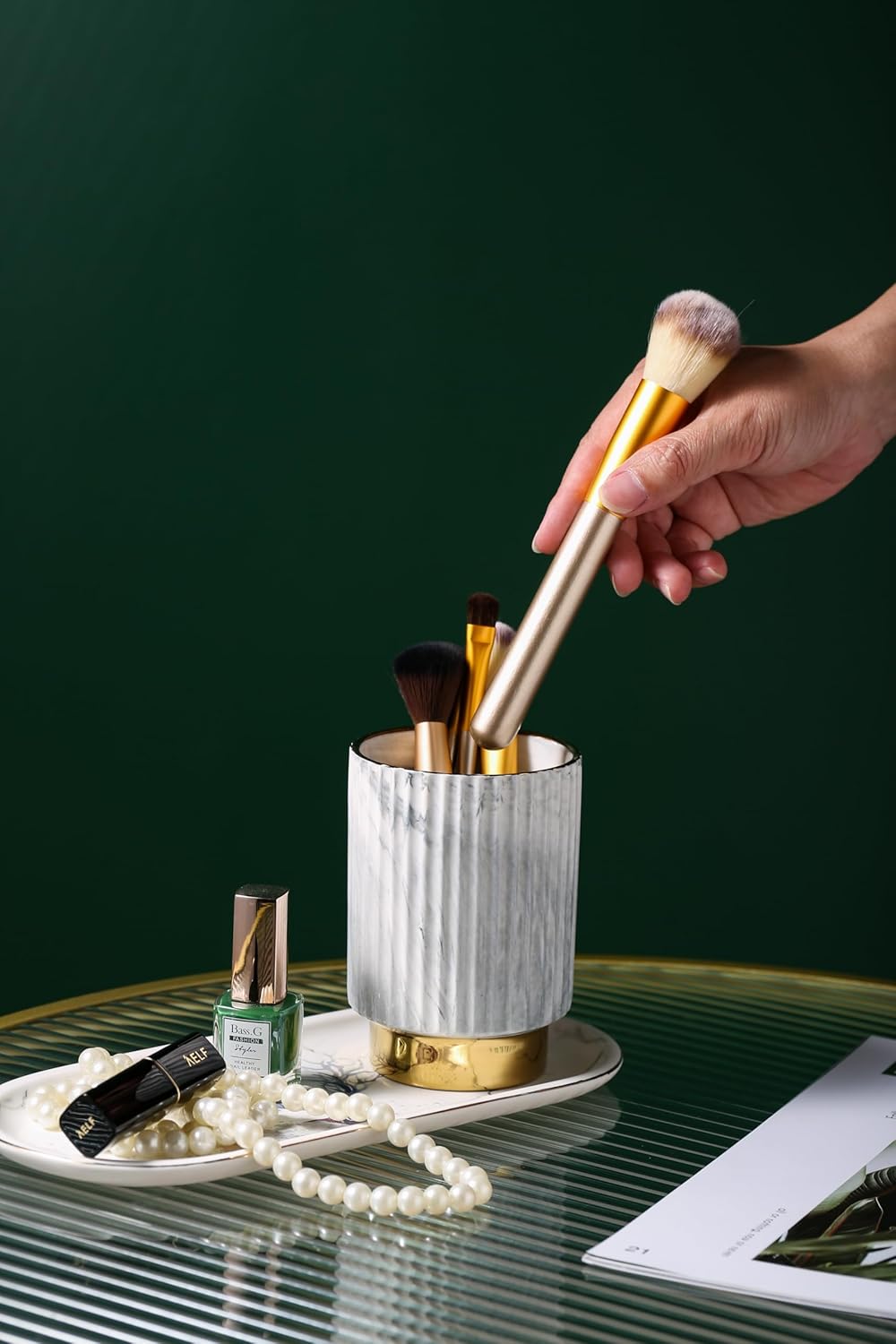 IEEK Makeup Brush Holder Organizer - Comb Brushes, Pens, Pencils, Glasses & Toothbrushes - European Style Striped Container, Grey and Gold