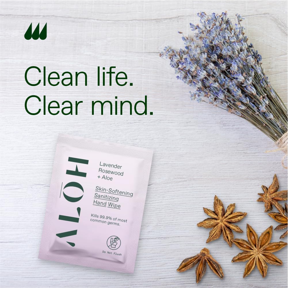 ALŌH Skin- Softening Sanitizing Hand Wipes – Lavender Rosewood + Aloe -1 box of 20ct Individually Wrapped Wipes