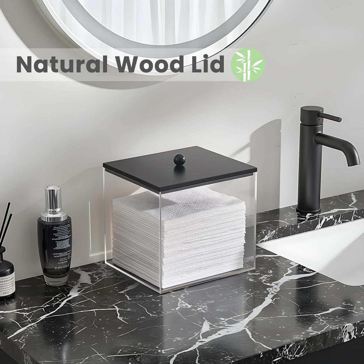 Puricon Acrylic Disposable Facial Towels Holder, Clear Storage Bin with Wood Lid Compatible with Clean Skin Club Towel (NOT Included), Face Towelettes Container for Bathroom Counter -Black