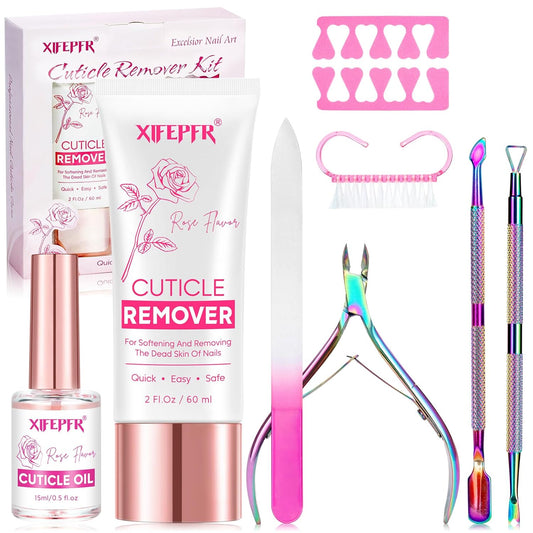 Cuticle Remover Kit - Cuticle Remover Cream & Cuticle Oil, Rose Flavor Cuticle Care Kit with Cuticle Trimmer Cuticle Pusher Cuticle Nipper for Manicure, Removedor de Cuticula for Nail Care