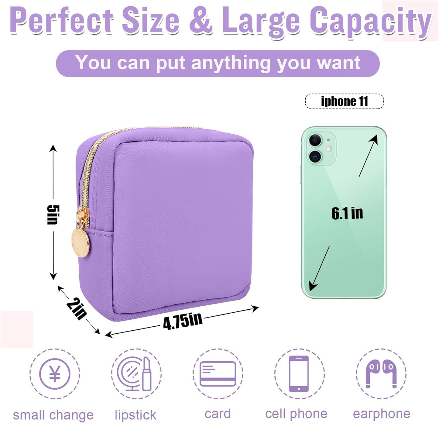 Nylon Mini Makeup Bag for Purse, Preppy Small Cute Makeup Bag Cosmetic Zipper Pouch Purse, Waterproof Travel Coin Pouch Sanitary Napkin Storage Bag Clutch Makeup Organizer for Women Men Girls(Purple)
