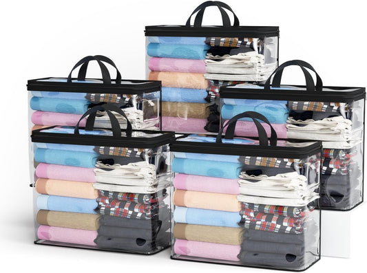 5PACK Clear Zippered Storage Bags for Clothes, 22L Closet Organizers Bag, and Blanket Storage Bags for Bedding, Linen, Blankets, Comforters, Clothing & Toys (Black)