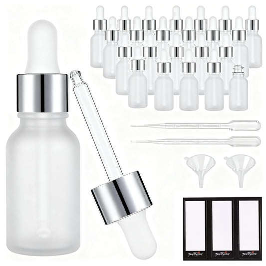PrettyCare 24 pcs，Eye Dropper Bottle 0.5 oz（ 15 ml Frosted Glass Bottles with Silver Caps, 2 Extra Measured Pipettes, 48 Labels, 2 Funnels Empty Tincture Bottles for Essential Oils