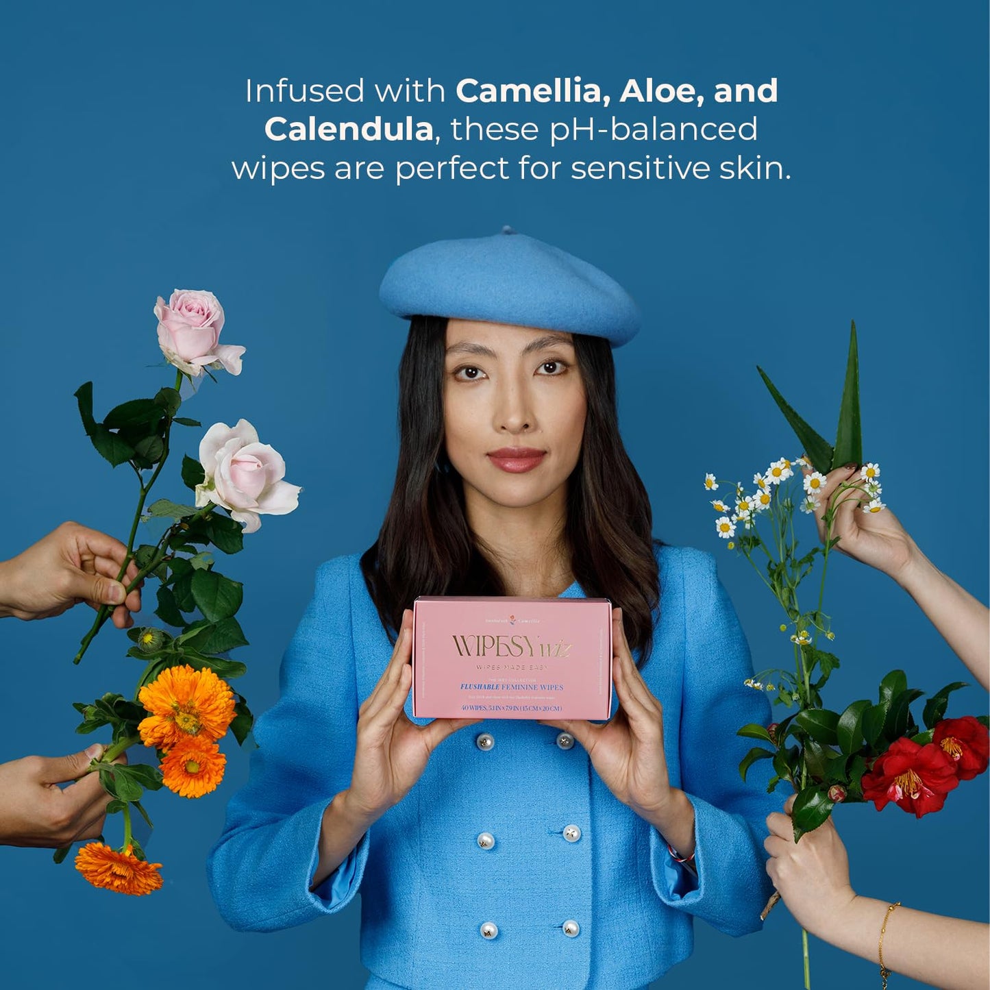 40 Count Flushable Feminine Wipes, Individually Wrapped Intimate Cleansing Wipes for Women | Travel Size For Period and Everyday Hygiene, pH-Balanced, Lightly Scented with Camellia, Chamomile & Aloe