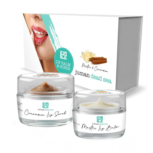 Juman Dead Sea Minerals Lip Gift Set | With Essential Oils | Exfoliating Lip Scrub & Moisturizer Set | Mastic & Cinnamon | Vegan | SLS & Paraben-Free | Great as a Gift
