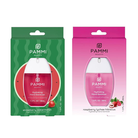 PAMMI Power Mist Hydrating Hand Sanitizer Spray, Portable Travel Size Pocket Hand Sanitizer, Scented Handsanitizer Mini Spray For Car - 600 Sprays (2 Packs (Raspberry Lychee, Strawberry Watermelon))