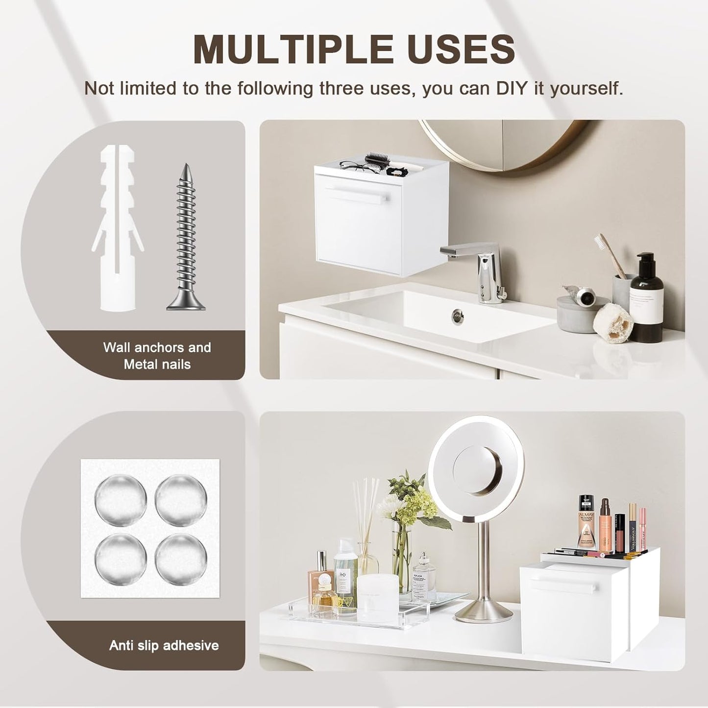 Disposable Face Towel Storage Box Compatible with Clean Skin Club Clean Towel XL Acrylic Facial Towels Holder with Drawer Wall-Mounted Makeup Organizer for Vanity, Bathroom (Glossy White)