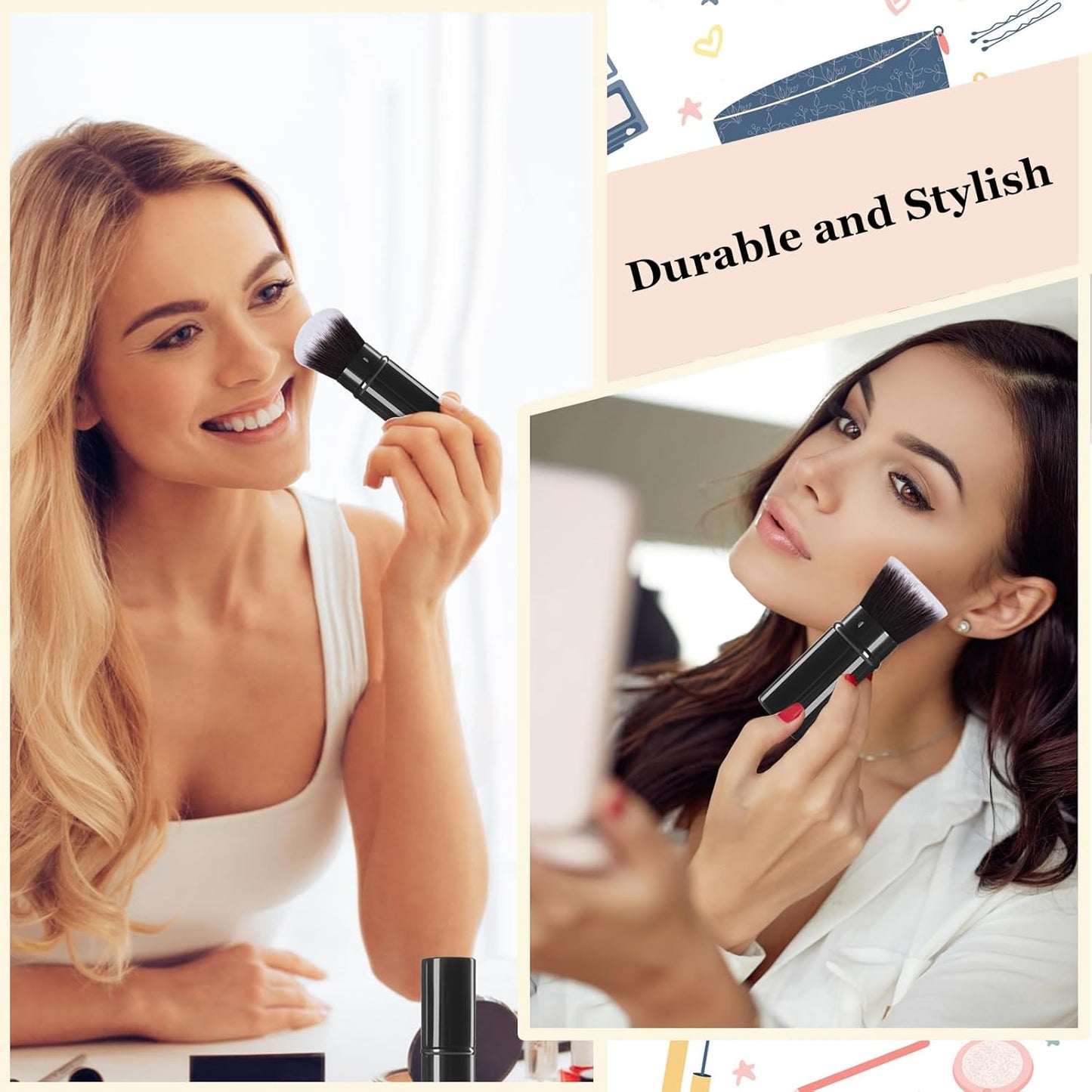 Retractable Makeup Brush 2 Pack, Travel Kabuki Powder Foundation Makeup Brush Face Blush Brushes for Blending Liquid, Blush, Bronzer, Buffing, Sunscreen,Flawless Cosmetics