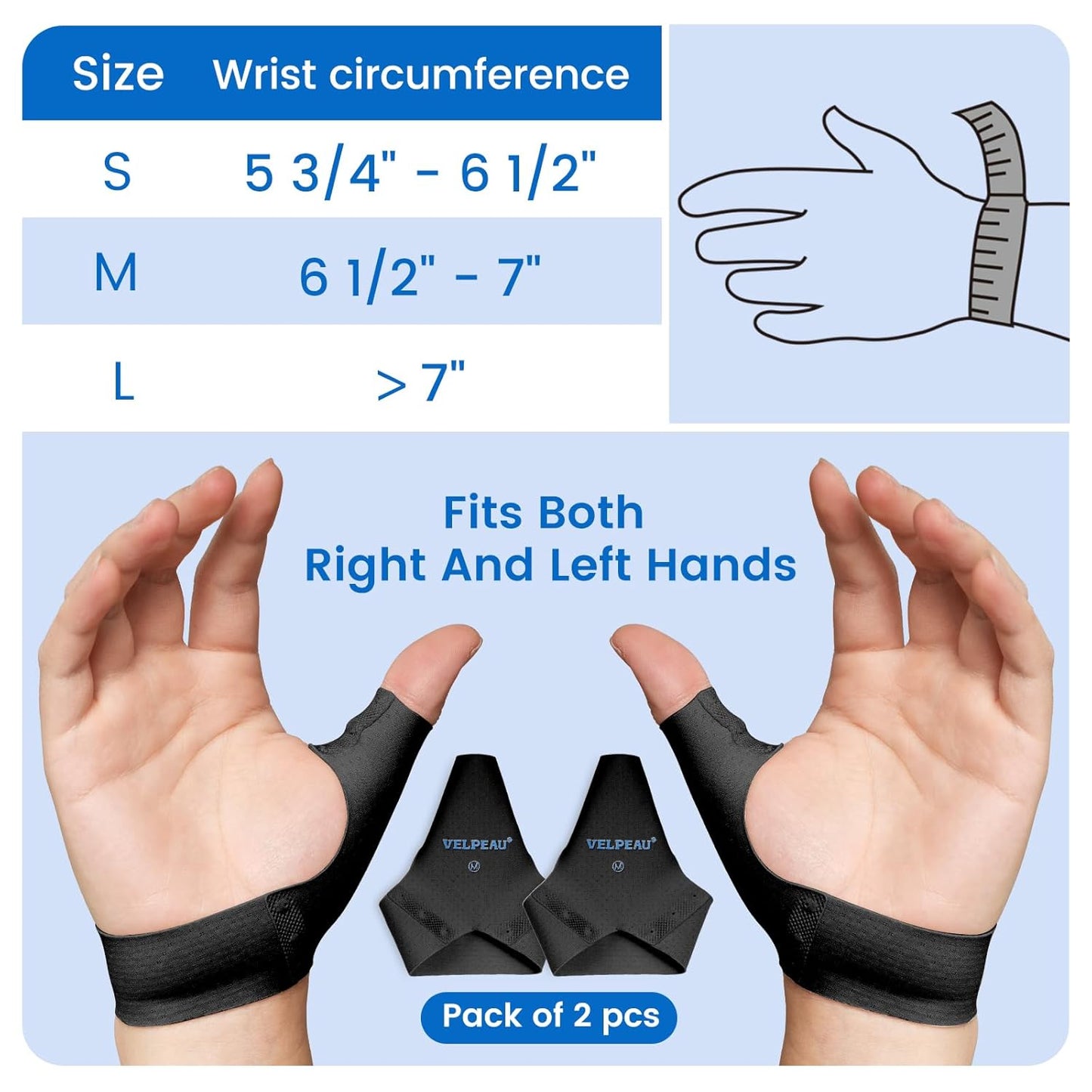 Velpeau Thumb Compression Sleeve for Tendonitis (Pack of 2), Seamless Technology, Gloves Wraps for Arthritis Pain Relief for Women & Men, Splint Liner, Fits Both Hands (Black, Short Version, L)