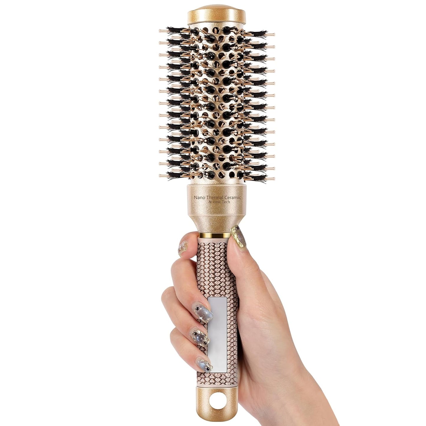 Round Hair Brush for Blow Out, Nano Thermal Ceramic & Ionic Tech, 1.3 inch Barrel, Boar Bristles, Roller Brush for Blow Drying and Styling, Gold
