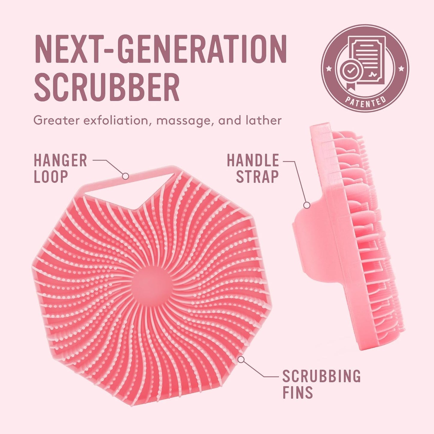 Sud Scrub® Antimicrobial Silicone Body Scrubber, Exfoliating Body Scrubber for Sensitive Skin, Eco Friendly Shower Scrubber for Body, Silicone Body Brush for Showering, Pink
