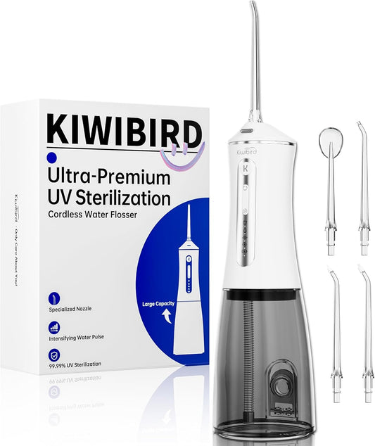KIWIBIRD Water Dental Flosser Cordless with UVC Light, 3 Modes Portable Oral Irrigator, IPX7 Waterproof, 300ML Tank, Electric Teeth Cleaner for Tonsil Stones, Home & Travel Use (Black & White)
