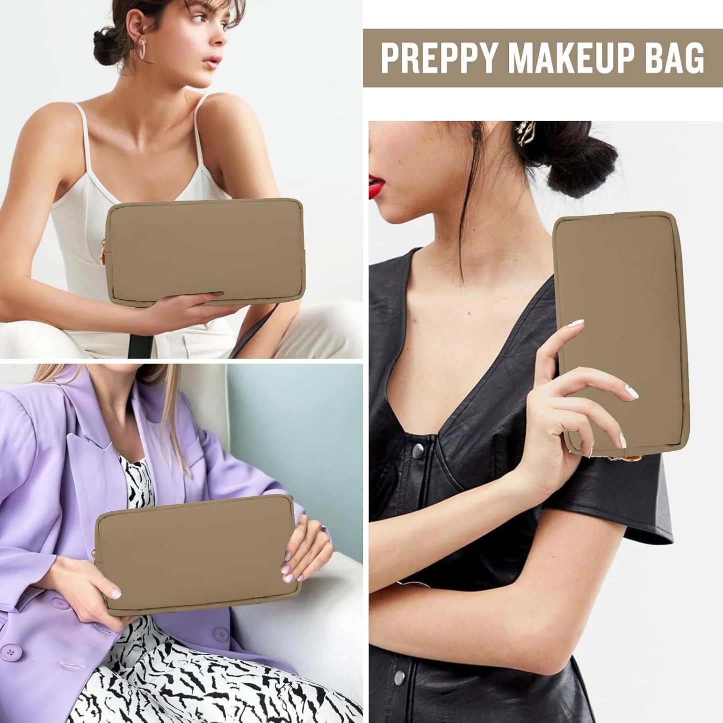 Nylon Small Makeup Bag for Purse, Preppy Cute Makeup Bag Cosmetic Zipper Pouch Purse, Waterproof Portable Travel Toiletry Bag Clutch Make Up Brush Bag Organizer Storage for Women Men Girls(Khaki)