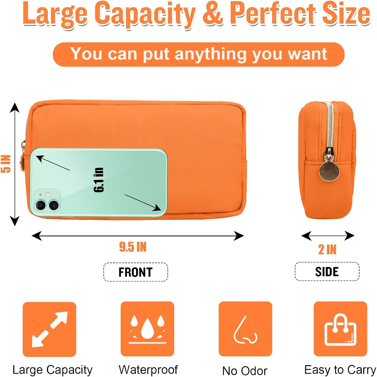 Nylon Small Makeup Bag for Purse, Cute Preppy Makeup Bag Cosmetic Zipper Pouch Purse, Waterproof Portable Travel Toiletry Bag Clutch Makeup Brush Bag Organizer Storage for Women Men Girls(Orange)