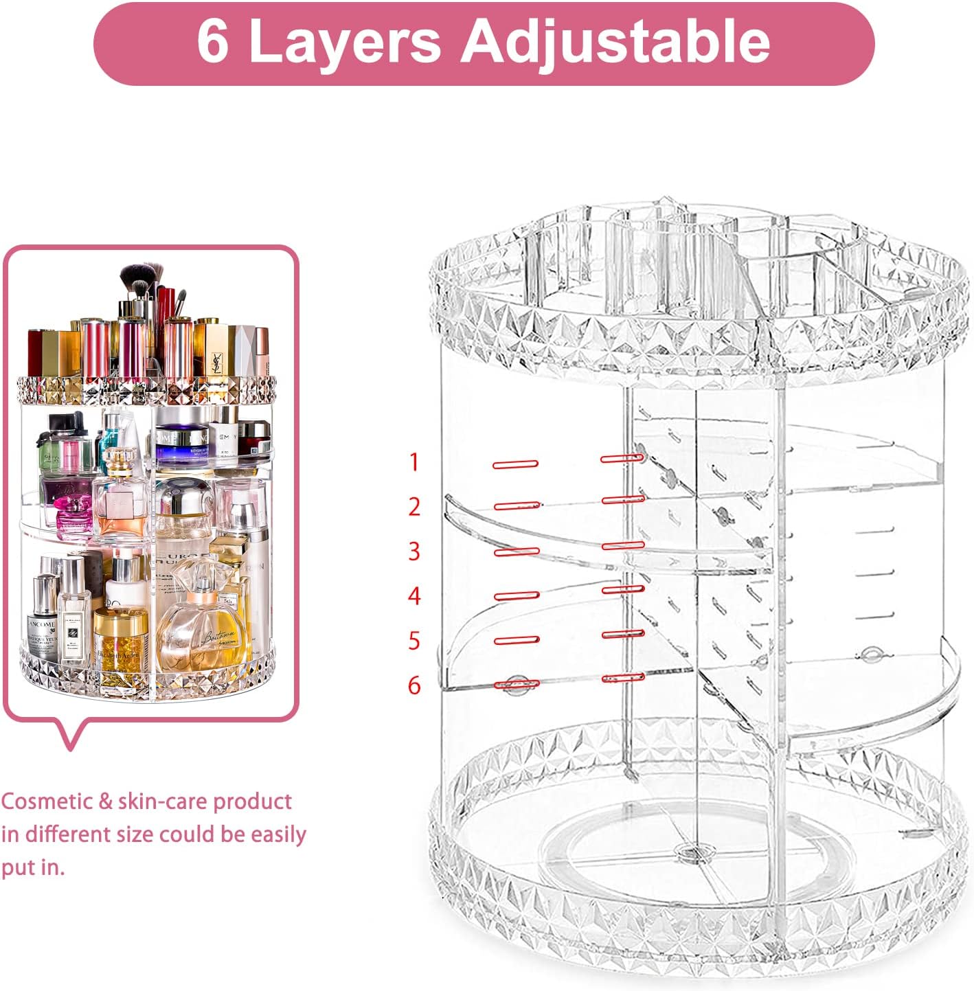 360 Rotating Makeup Organizer Large Perfume Cosmetics Organizer Beauty Organizer Clear Cosmetic Storage Display Case with 7 Layers and Detachable Shelves for Bedroom Dresser or Vanity Countertop