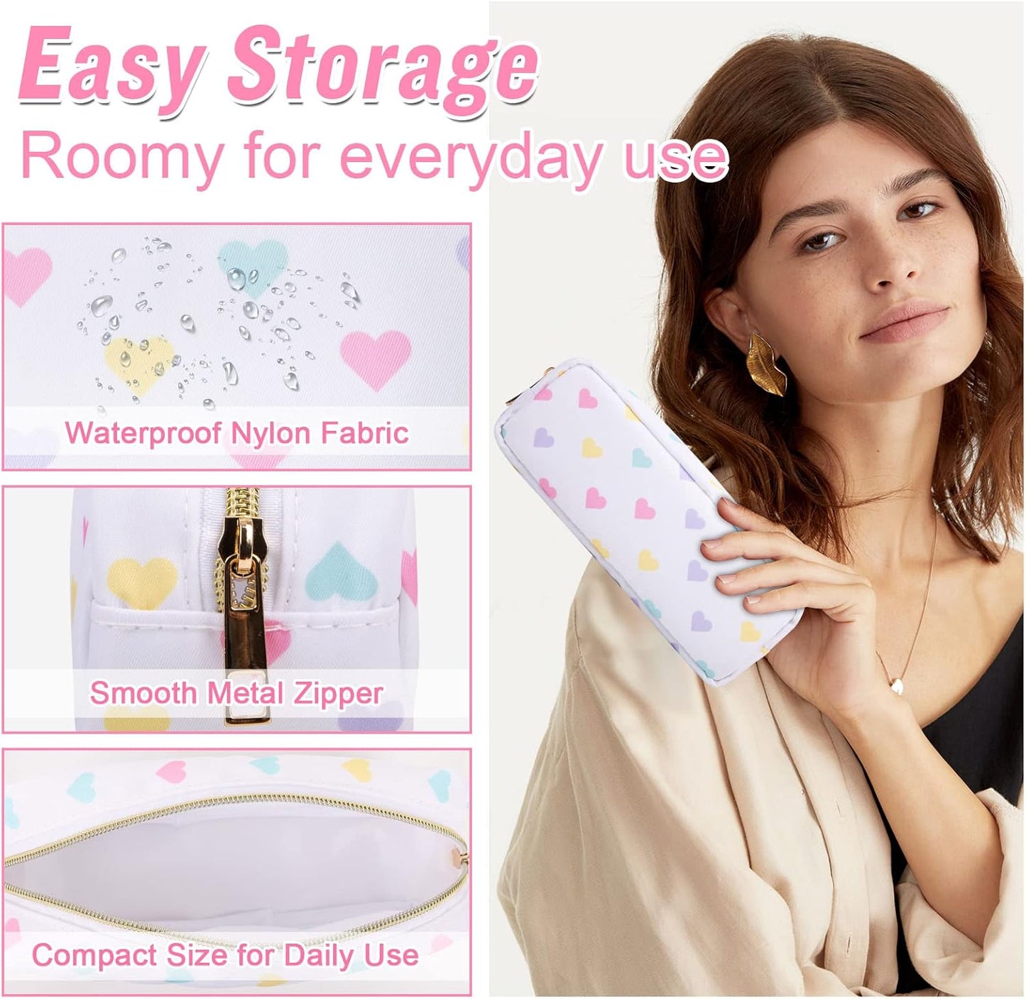 Nylon Small Makeup Bag, Slim Pink Makeup Brush Case, Preppy Cosmetic Zipper Pouch for Purse, Travel Toiletry Bag Clutch Coin Pouch Makeup Organizer for Women Girls (White Heart)