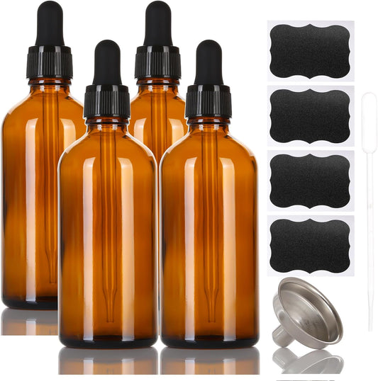 3.4 oz Amber Glass Dropper Bottles,4 Pack 100ml Empty Reusable Leak Proof Thick Tincture Bottles for Essential Oils,Hair Oil,Liquids,Laboratory,Pharmacist Bottle,Massage,Perfumery Aromatherapy
